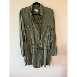 Lou & Grey Long Sleeve Collar Tie Waist Shirt Romper Green Women's Size Medium